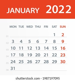 January 2022 Calendar Leaf - Vector Illustration. Week starts on Monday