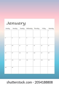 January 2022 Calendar planner design template. Week starts on Sunday. Stationery design. Vector Illustration