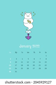 January 2022 calendar. Calendar template decorated with a cute cat sitting in the magic bottle. Vector illustration 10 EPS.