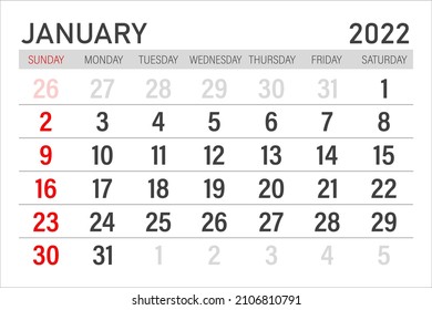 January 2022 Calendar. January 2022 Calendar vector illustration. Wall Desk Calendar Vector Template, Simple Minimal Design. Wall Calendar Template For January 2022