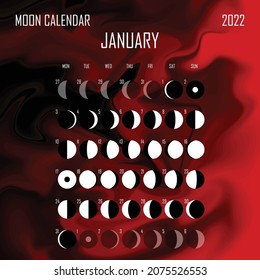 January 2022 Moon calendar. Astrological calendar design. planner. Place for stickers. Month cycle planner mockup. Isolated liquid color background.