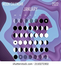 January 2022 Moon calendar. Astrological calendar design. planner. Place for stickers. Month cycle planner mockup. Isolated liquid color background.