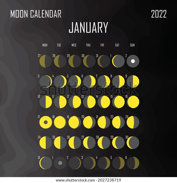 January 2022 Moon calendar. Astrological\
calendar design. planner. Place for stickers. Month cycle planner\
mockup. Isolated black\
background.