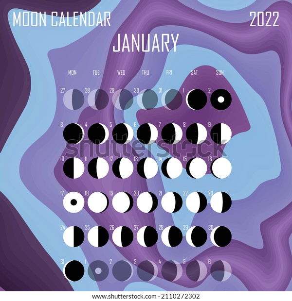 January 2022 Moon calendar. Astrological\
calendar design. planner. Place for stickers. Month cycle planner\
mockup. Isolated liquid color\
background.