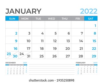 January 2022 page, Calendar 2022 template, Desk calendar, planner design, Wall calendar, week starts on sunday, stationery design, Desk office, organizer office, vector 