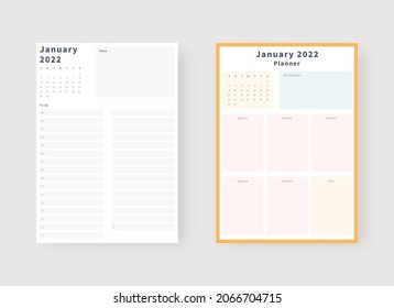 January 2022 planner template set. Set of planner and to do list. Monthly, weekly, daily planner template. Vector illustration.