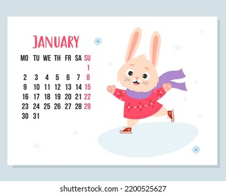 January 2023 calendar. Cute winter bunny in knitted clothes is skating. rabbit is symbol 2023 year to Chinese zodiac. Vector illustration. horizontal Template. Week from Monday In English