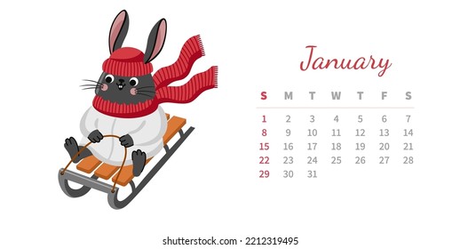 January 2023 calendar page horizontal template. Cute bunny sledding down the hill. Rabbit, chinese symbol and mascot of new year. Week starts on sunday. Vector illustration.
