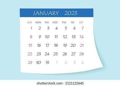 January 2023 calendar planner. Corporate week. Template layout, 12 months yearly, white background. Simple design for business brochure, flyer, print media, advertisement. Week starts from Monday.