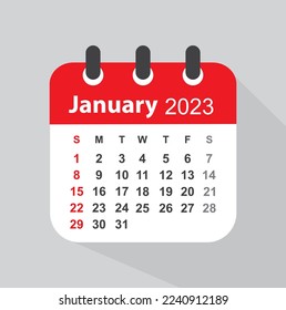 Calendario de enero de 2023, vector, icono. 