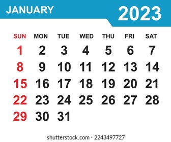 January 2023 Calendar. January 2023 Calendar vector illustration. Wall Desk Calendar Vector Template, Simple Minimal Design. Wall Calendar Template For January 2023.