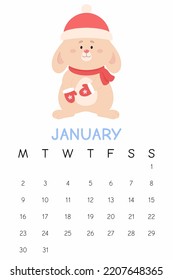 January 2023 calendar. The year of the Rabbit, bunny symbol of 2023. Cute bunny wishes a Happy New Year. Week starts on Monday.