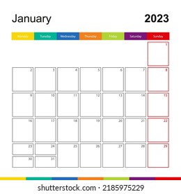 January 2023 colorful wall calendar, week starts on Monday. 2023 Calendar template.