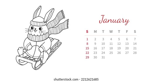 January 2023 horizontal calendar page with cute outline bunny. Rabbit sledding down the hill. Chinese new year symbol. Coloring book vector illustration.