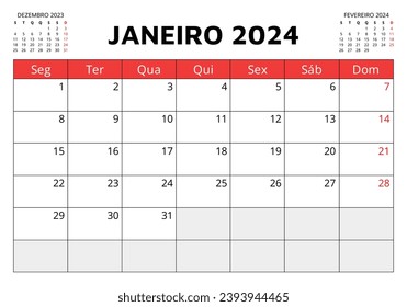 Calendario portugués de enero de 2023. Ilustración vectorial. Planificación mensual de su negocio en Portugal