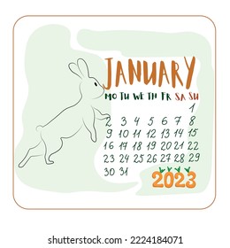 January 2023 with a rabbit in cartoon style, Calendar for January in cartoon style with cute Bunny, numbers 2023 in the form of carrots