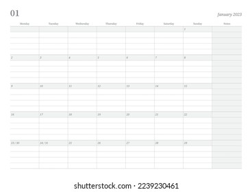 January 2023 simple design digital and printable calendar template illustration. Notes, scheduler, diary, calendar, memo, planner document template background.