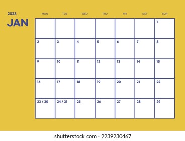 January 2023 simple design digital and printable calendar template illustration. Notes, scheduler, diary, calendar, memo, planner document template background.