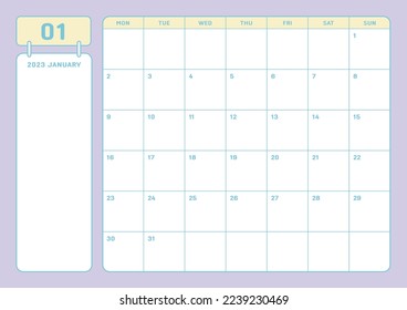 January 2023 simple design digital and printable calendar template illustration. Notes, scheduler, diary, calendar, memo, planner document template background.