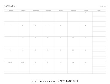 January 2023 simple design digital and printable calendar template illustration. Notes, scheduler, diary, calendar, memo, planner document template background. 