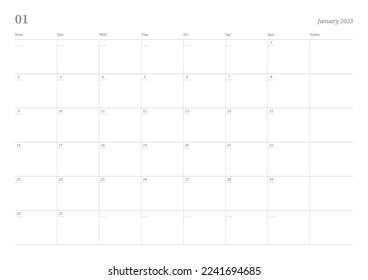 January 2023 simple design digital and printable calendar template illustration. Notes, scheduler, diary, calendar, memo, planner document template background. 