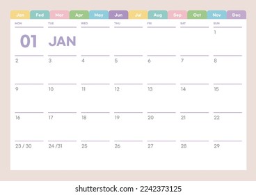 January 2023 simple design digital and printable calendar template illustration. Notes, scheduler, diary, calendar, memo, planner document template background. 