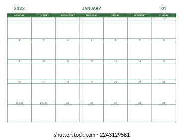 Ilustración de plantilla de calendario digital e imprimible de diseño simple en enero de 2023. Notas, programador, diario, calendario, nota, fondo de plantilla de documento del planificador. 