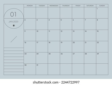 January 2023 simple design digital and printable calendar template illustration. Notes, scheduler, diary, calendar, memo, planner document template background. 