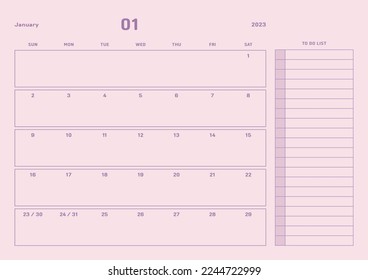 Ilustración de plantilla de calendario digital e imprimible de diseño simple en enero de 2023. Notas, programador, diario, calendario, nota, fondo de plantilla de documento del planificador. 
