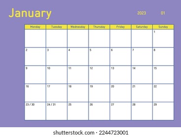 January 2023 simple design digital and printable calendar template illustration. Notes, scheduler, diary, calendar, memo, planner document template background. 