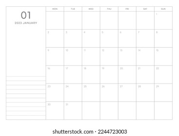 January 2023 simple design digital and printable calendar template illustration. Notes, scheduler, diary, calendar, memo, planner document template background. 