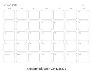 Ilustración de plantilla de calendario digital e imprimible de diseño simple en enero de 2023. Notas, programador, diario, calendario, nota, fondo de plantilla de documento del planificador. 
