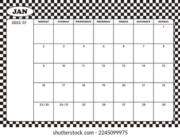 January 2023 simple design digital and printable calendar template illustration. Notes, scheduler, diary, calendar, memo, planner document template background. 