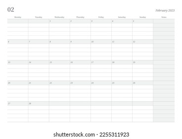 January 2023 simple design digital and printable calendar template illustration. Notes, scheduler, diary, calendar, memo, planner document template background. 