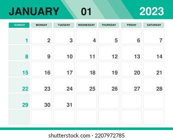 Plantilla de enero de 2023, vector de plantilla de Calendario 2023, diseño mensual de planificación, calendario de escritorio 2023, diseño de calendario de pared, estilo mínimo, publicidad, cartel, medios de impresión, concepto de fondo verde