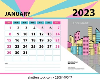 January 2023 template - Calendar 2023 year design, Desk calendar 2023 year, Planner, Week starts on Sunday, Wall calendar design, Stationery design, vintage background vector eps10