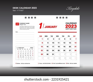 January 2023 template- Desk Calendar 2023 year template, wall calendar 2023 year, Week starts Sunday, Planner design, Stationery design, flyer design, printing media, red concept design