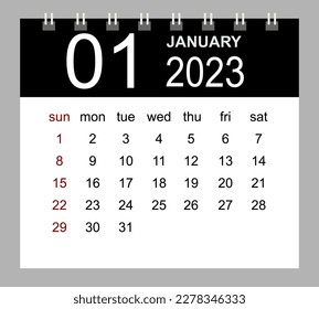 January 2023. Vector monthly calendar template 2023 year in simple style for template design. Week starts from Sunday.