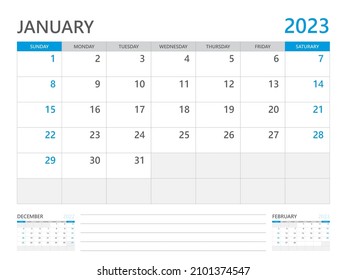 January 2023 year, Calendar planner 2023 and Set of 12 Months, week start on Sunday. Desk calendar 2023 design, simple and clean design, Wall calendar, Corporate design planner template vector