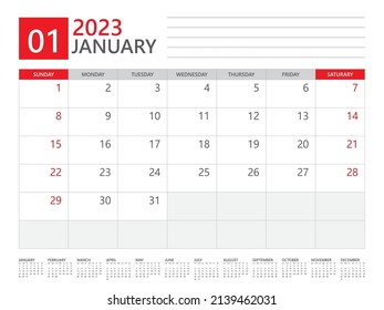 Januar 2023 Jahr, Kalenderplaner 2023 und Set von 12 Monaten, Woche beginnt am Sonntag. Design des Desk-Kalenders 2023, einfach und sauber, Wall-Kalender, Vorlage für Corporate Design, Vektorgrafik