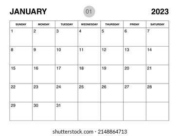 January 2023 year planner template, calendar 2023 template, monthly and yearly planners. organizer diary. week start Sunday, corporate planner template, Desk calendar 2023 year, Vector illustration