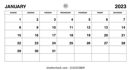 Planervorlage für Januar 2023, Vorlage für Kalender 2023, Monatsplaner und Jahresplaner. Organigertagebuch. Wochenbeginn Sonntag, Vorlage für Firmenplaner, Schreibtischkalender 2023, Horizontales Layout, Vektorgrafik