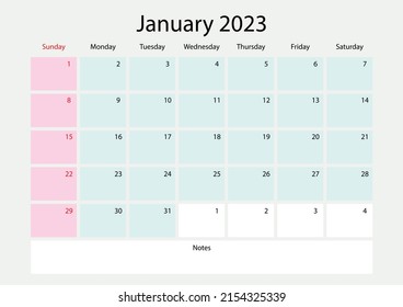 January 2023 year planner template, 2023 calendar template, monthly and yearly planner. organizer's diary. week start Sunday, corporate planner template, 2023 desk calendar, Horizontal layout, vector.