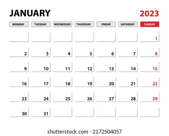Planervorlage für Januar 2023, Vorlage für Kalender 2023, Monatsplaner und Jahresplaner. Organigertagebuch. Montag-Wochenbeginn, Vorlage für Firmenplaner, Desk-Kalender 2023, Horizontales Layout, Vektorgrafik