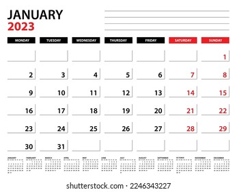 January 2023 year planner template, calendar 2023 template, monthly and yearly planners. organizer diary. week start monday, corporate planner template, Desk calendar 2023, Vector illustration