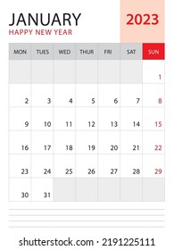 January 2023-Calendar 2023 template vector on red background, week start on monday, Desk calendar 2023 year, Wall calendar design, corporate planner template, Stationery, organizer diary, vector