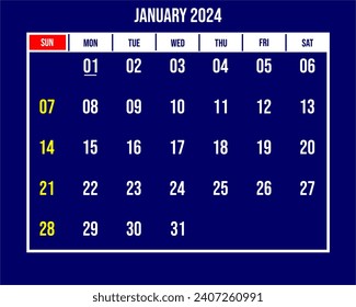 January 2024 calendar with blue background and white numbers