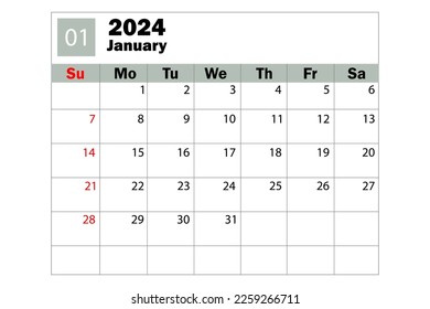 January 2024 calendar. Diary calendar. Daily planner. Vector illustration.