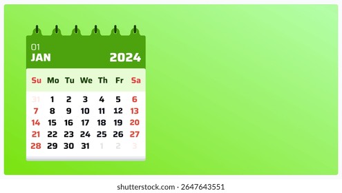 Calendário de janeiro de 2024. Paisagem do calendário verde. Fim de semana de 2024, domingo e sábado. Criar modelo. Data do calendário mensal jan 2024.  Ilustração vetorial.
