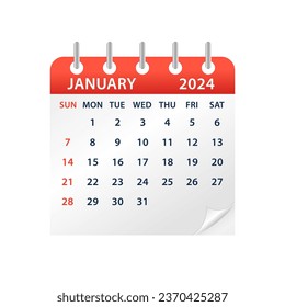 January 2024 Calendar Leaf. Calendar 2024 in flat style. Calendar 2024 week start Sunday corporate design planner template. Wall calendar. Vector illustration